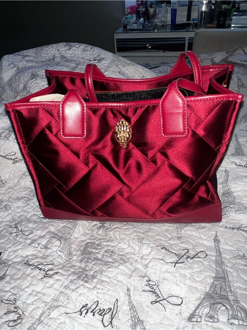 Kurt Geiger Red Quilted Satin Tote with Gold Emblem